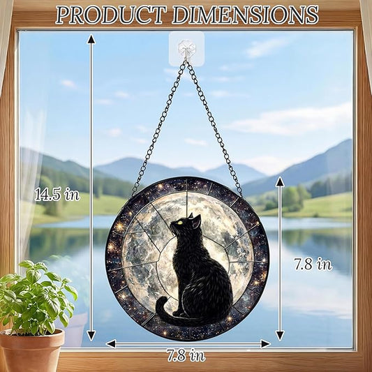Sanwarm Stained Glass Window Hanging, Black Cat Moon Galaxy Suncatcher Window Decor for Indoor Home Sun Catcher Ornament, Mother’s Day & Birthday Gift for Women, Men, Mom & Nana, 7.8 in