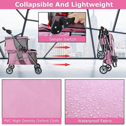 Double Layer Dog Stroller for 2 Small Dogs/Cats, 4 Wheels Pet Jogger With Removable Liner, Storage Basket, Rear Wheel Break - Folding Double Decker Portable Crate