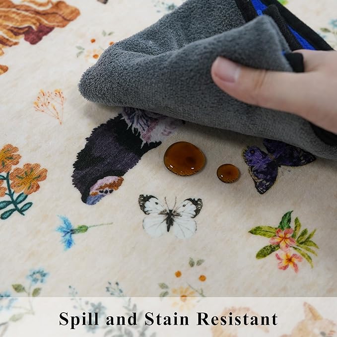 4x8 Washable Kitchen Animal Rug: Cute Dog Printed Rugs with Non-Slip Rubber Backing Soft Floral Carpet for Bedroom Nursery Low-Pile Floor Mat for Entryway Living Room Dining Room(4x8,Beige/Dog