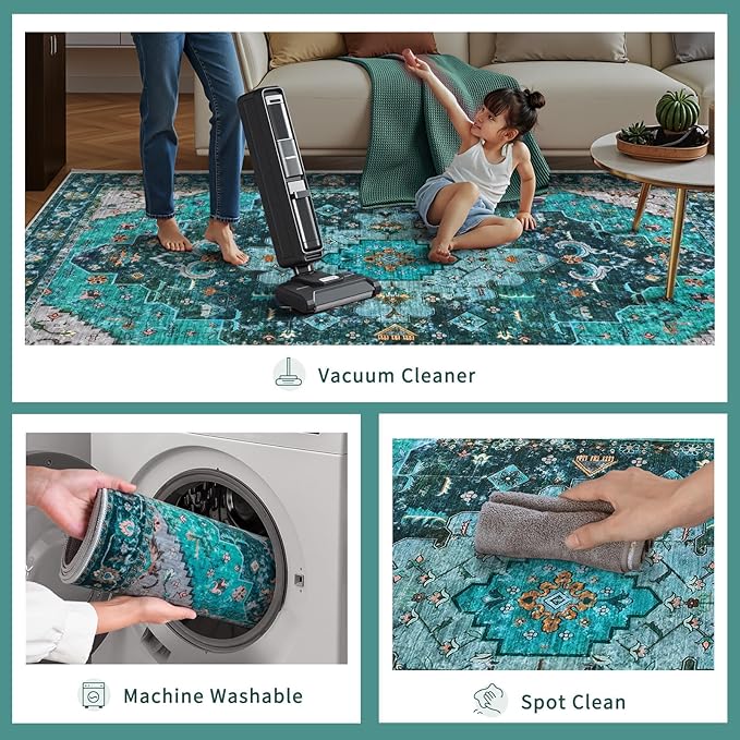 Ciicool Washable Runner Rug Nonslip, 2'x6' Teal Hallway Rug Non-Slip Vintage Kitchen Rugs Carpet Runner for Bedroom Laundry Bathroom Decor