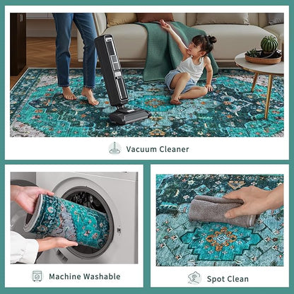 Ciicool Washable Runner Rug Nonslip, 2'x6' Teal Hallway Rug Non-Slip Vintage Kitchen Rugs Carpet Runner for Bedroom Laundry Bathroom Decor