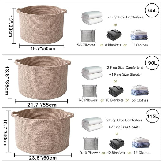 90L Large Blanket Basket,21.7"L x 21.7"W x 13.8"H Rope Woven Baskets with Handles, Toys Storage Bins,Laundry Basket Perfect for Living Room, Nursery,Bedroom,Home Organization,Brown