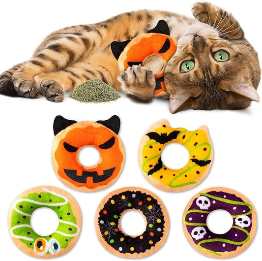 L1rabe Summer Catnip Cat Toys - 5Pcs Donut Catnip Stuffed Kittens Supplies, Funny Pumpkin Bat Spider Dessert Pet Toys, Fun Cats Chew Bite Teething Tool Catmint Birthday Interactive Supplies