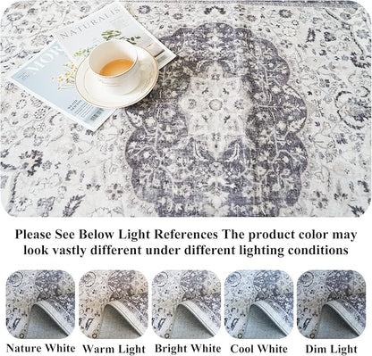 Hallway 2x5 Washable Runner Rug: Oriental Stain Resistant Kitchen Entryway Rugs Farmhouse Ultra Soft Bathroom Bedroom Print Floor Mat Thin Non Slip Indoor Carpet for Living Room Laudry(2X5, Grey)