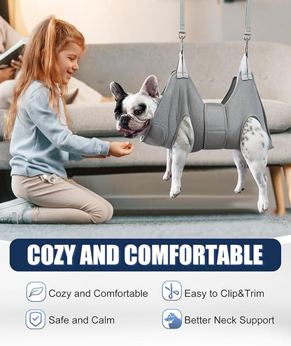 Dog Grooming Hammock Harness, M Size Grooming Sling Restraint for Nail Trim, Silver Gray Holder Hanger for Grooming with Thick Neck Support