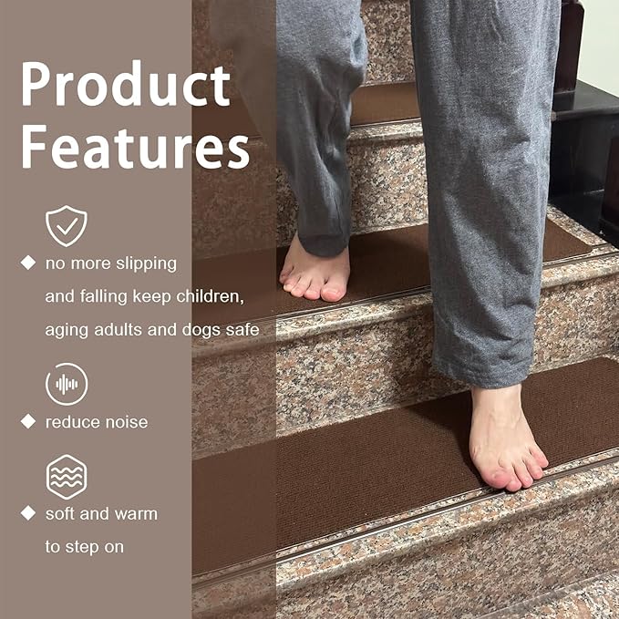 Nonslip Stair Treads Wooden Steps, 15 PCS 30" x 8" Safety Rug Slip Resistant Runner with Reusable Adhesive, Carpet Landing Mat for Family Elders Pets Soft Stair Mats Indoor (Green)