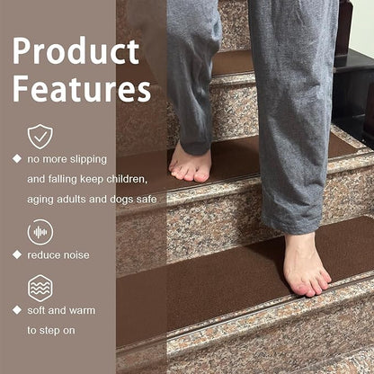 Nonslip Stair Treads Wooden Steps, 15 PCS 30" x 8" Safety Rug Slip Resistant Runner with Reusable Adhesive, Carpet Landing Mat for Family Elders Pets Soft Stair Mats Indoor (Blue)