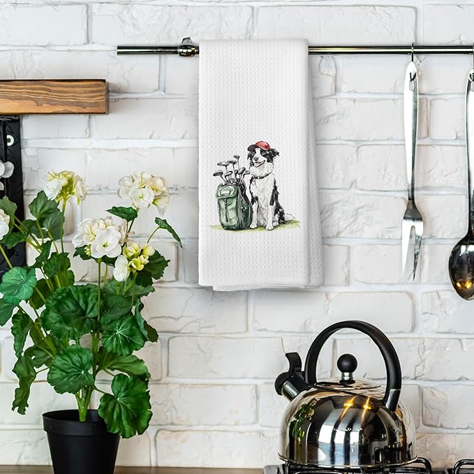 Golf Dog Kitchen Towels - Border Collie Dish Towels, Sports Gifts, Pet Golf Club Decorative Absorbent Dishcloths Hand Towels for Kitchen Gym Spa Decor 16x24 Inches