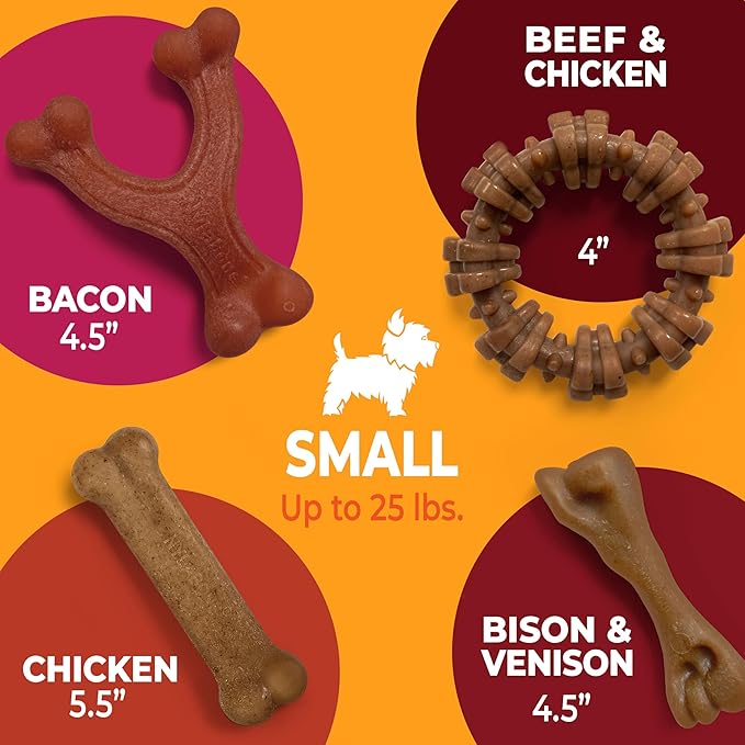 Nylabone Strong Chew Toy 4-Pack Bundle for Dogs Made with Real Bacon, Bison, Venison, Beef, & Chicken, Durable Dog Chew Bones for Aggressive Chewers, Small Dog Toys - Up to 25 lbs, 4 Count