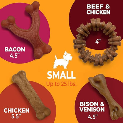 Nylabone Strong Chew Toy 4-Pack Bundle for Dogs Made with Real Bacon, Bison, Venison, Beef, & Chicken, Durable Dog Chew Bones for Aggressive Chewers, Small Dog Toys - Up to 25 lbs, 4 Count
