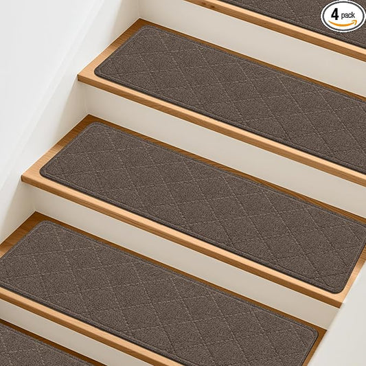 Stair Treads Non-Slip for Wooden Steps, 4Pack - 8" x 30" Edging Stair Runner Indoor for Kids Elders & Pets, Washable Carpet Stair Treads with Peel & Stick Reusable TPE Backing, Brown