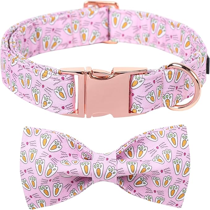 Maca Bates Rabbit Foot Dog Collar with Fancy Bow Tie for Large Girl Boy Dogs, Pink Bunny Pattern,Adjustable Durable Soft Breakaway Collars Easter Day Gift for Male Female Puppy