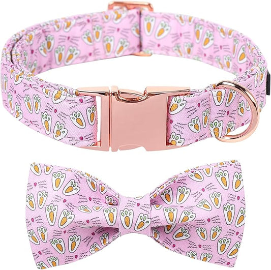 Maca Bates Rabbit Foot Dog Collar with Fancy Bow Tie for Large Girl Boy Dogs, Pink Bunny Pattern,Adjustable Durable Soft Breakaway Collars Easter Day Gift for Male Female Puppy