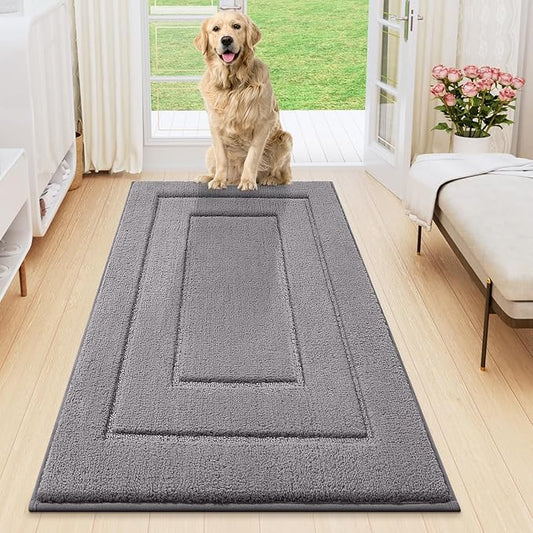 Smiry Dog Door Mat for Muddy Paws, Absorbs Moisture and Dirt, Low-Profile Entryway Mat with Non-Slip Backing, Entry Indoor Outdoor Doormat for Inside Floor (47x24 Inches, Grey, Bordered)