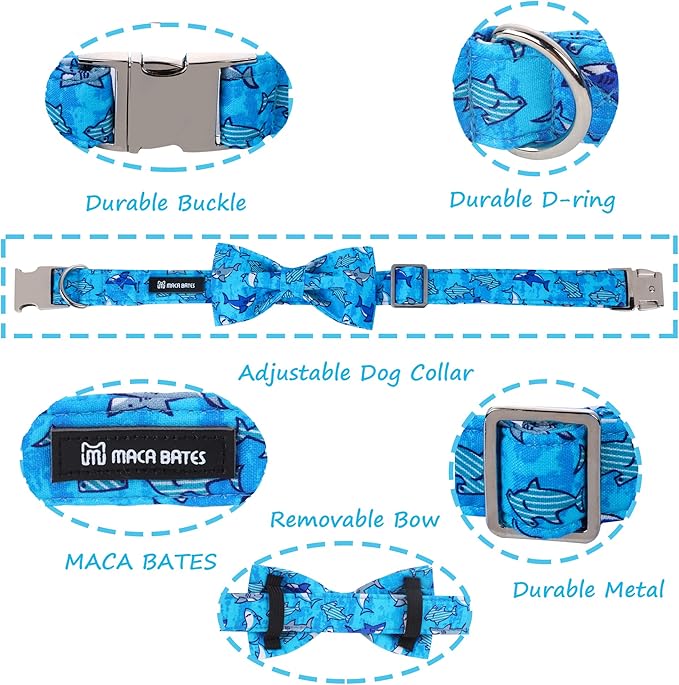 Maca Bates Summer Shark Dog Collar with Bow Tie Cute Blue Puppy Beach Bowtie Collars Sharks Adjustable Durable Soft for Dogs for Girl Boy Male Female Pets with Metal Buckle,Medium