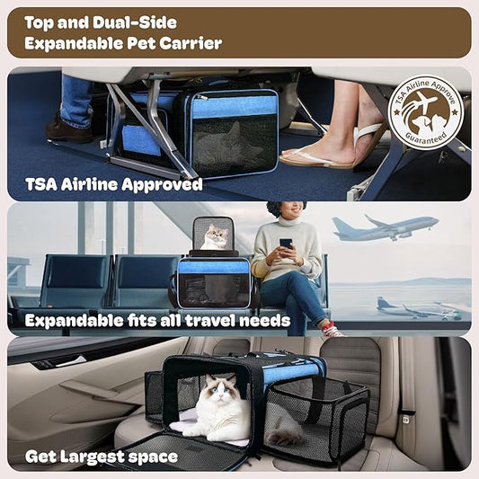 Top and 2 Sides Expandable Cat Carrier 18x13.5x9.5, TSA Airline Approved Dog Carriers for Small Dogs, Soft-Sided Pet Carrier with Self-Locking Zippers for Kitten,Rabbit, Puppy, Guinea Pig Blue