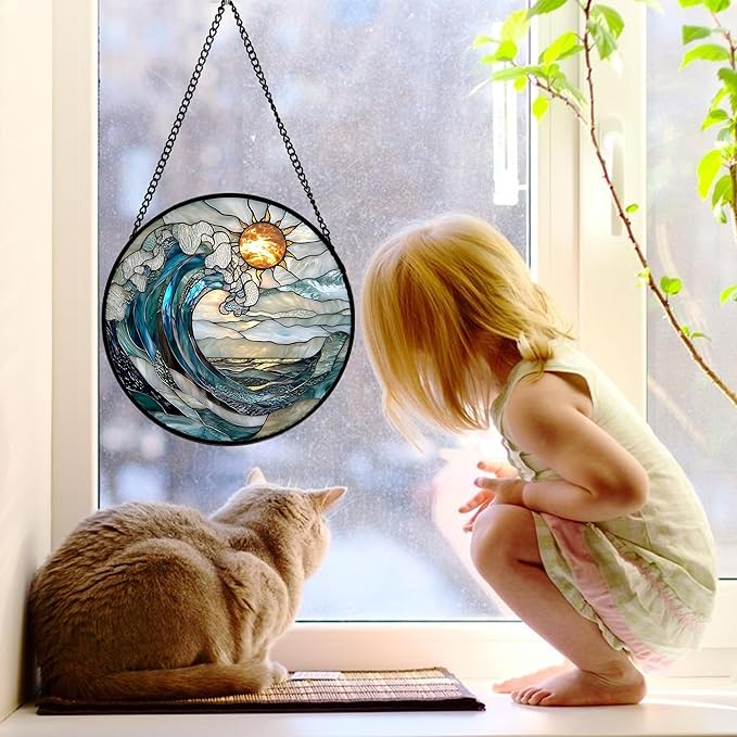 Stained Glass Window Hanging, Blue Night Moon Lake Sun Catchers Colorful Glass Panel Landscape Suncatcher Decor for Birthday for Women, Men, Wife, Aunt, and Mom 11.8x11.8 in