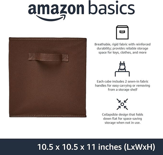 Amazon Basics Collapsible Fabric Storage Bins with Handles, Cube Organizer, Lightweight Fabric, 10.5"x10.5"x11", Brown, 6-Pack