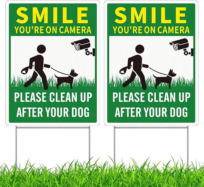 2 Pack Clean UP After Your Dog Signs, Funny Smile You're On Camera Yard Sign, 12.6X9.4 inches Corrugated Plastic Double Sided Sign with Metal H-Stake, No Pooping Dog Signs for Yard, Easy to Mount
