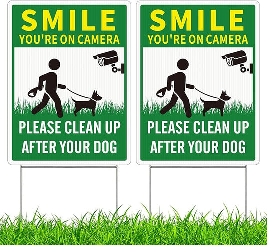 2 Pack Clean UP After Your Dog Signs, Funny Smile You're On Camera Yard Sign, 12.6X9.4 inches Corrugated Plastic Double Sided Sign with Metal H-Stake, No Pooping Dog Signs for Yard, Easy to Mount
