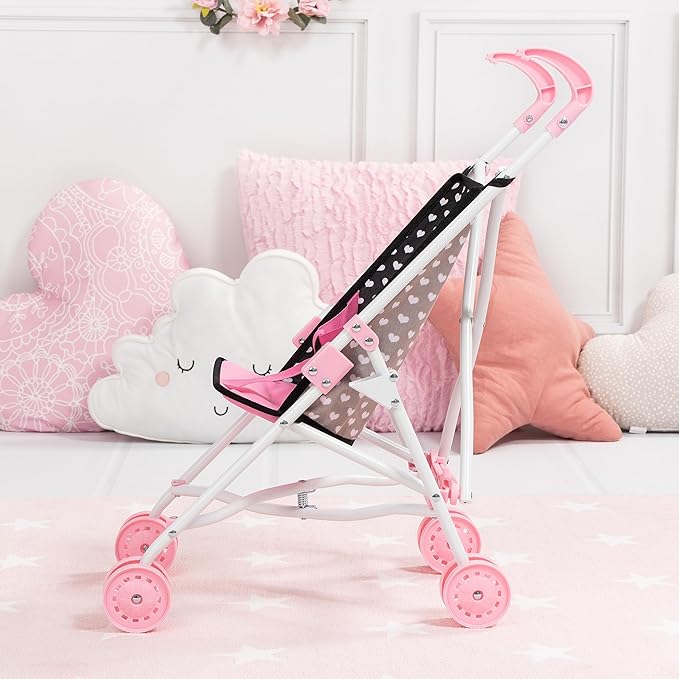Bayer Doll Stroller Foldable Umbrella - Black & Pink Hearts, 18 inch