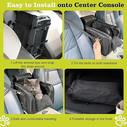 3 in 1 Cat Car Seat for Center Console – Portable Carrier for Shoulder Handle Car, Foldable Pet Armrest Booster Seat for Small Dogs & Cats (Up to 15lbs) | Puppy Seats with Cushion for Travel