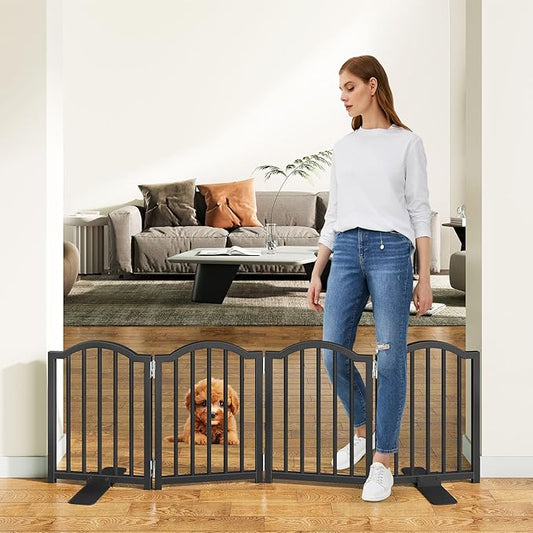 Snughome Short Dog Gate Indoor, 16" High Freestanding Small Dog Door Gate with Support Feet, Expands Up to 48’’ Wide Foldable Pet Gates for Doorway, 4 Panel Folding Pet Door Pet Fence for Puppy, Black