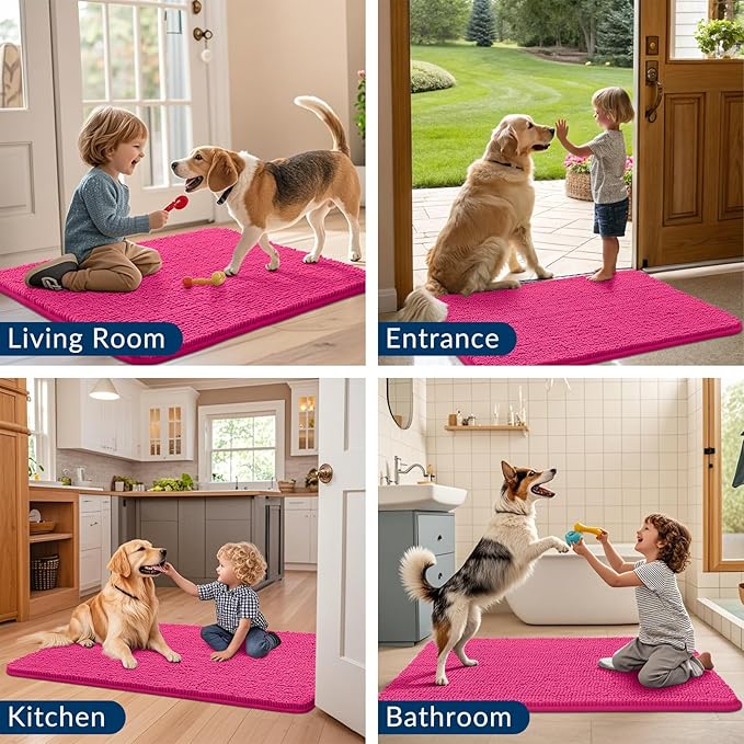 Smiry Dog Door Mat for Muddy Paws 59x35, Absorbs Moisture and Dirt Doormat, Non-Slip Washable Quick Dry Chenille Front Door Mat Indoor Entrance, Entryway Carpet for Inside Floor, Hot Pink