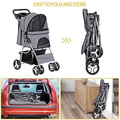 4 Wheels Foldable Pet Dog Cat Jogger Stroller Travel Carrier Strolling Cart w/Waterproof Cover Storage Basket Cup Holder & Removable Liner for Medium Small Cat Dog, Grey