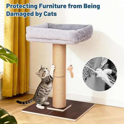 Cat Scratching Post, Retro-Style Tall Cat Scratcher Tower with Removable Gray Fluffy Cusion Perch, Natural Pine & Sisal Cat Scratcher for Indoor Cats, Large