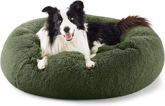 Bedsure Calming Dog Beds Large Sized Dog - Donut Washable Large Pet Bed, 36 inches Anti-Slip Round Fluffy Plush Faux Fur Dogs Bed, Fits up to 80 lbs Pets, Rifle Green