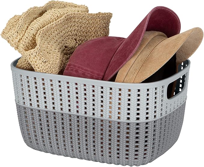 Simplify 2 Pack 2 Tone Sailor Knot Plastic Storage Tote | Decorative Basket | Closet Organization | De-clutter | Accessories | Toys | Bathroom Organization | Medium | Grey/Grey
