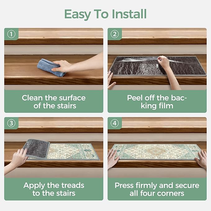Non Slip Stair Treads for Wooden Steps 15PCS - 8"x30" Indoor Safety Carpet, Edging Mats with TPE Adhesive Backing, Pet and Elderly Friendly Stair Rugs (Green&Ivory)