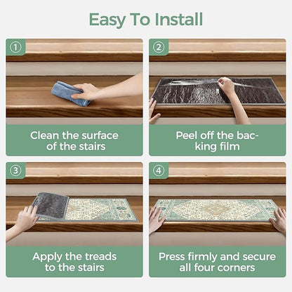 Non Slip Stair Treads for Wooden Steps 15PCS - 8"x30" Indoor Safety Carpet, Edging Mats with TPE Adhesive Backing, Pet and Elderly Friendly Stair Rugs (Green&Ivory)