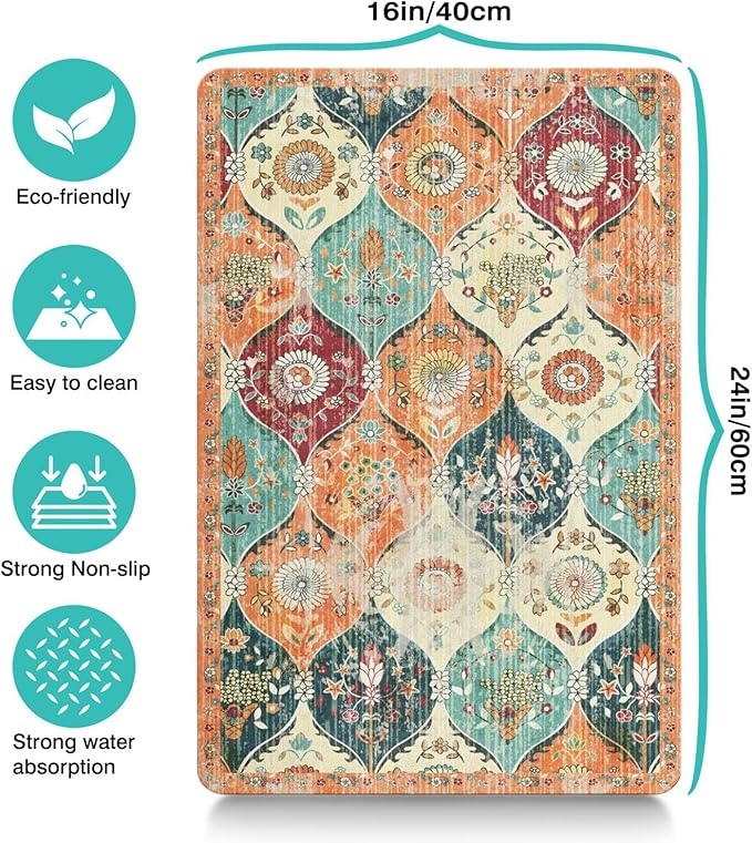 Dog Food Mats for Floors Absorbent, Cat Food Mat - Pet Cat Feeding Mat Quick Dry, Dog Bowl Mats for Water, Pet Supplies Feeding Placemat 16" x 24" Orange Boho