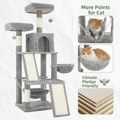 Gitelsnour Multi-Level Cat Tree for Indoor Cats, Cat Tower with 2 Scratching Boards, 2 Plush Padding Platforms, Cat Condo House with Hammock, Basket, Light Gray GCT022W
