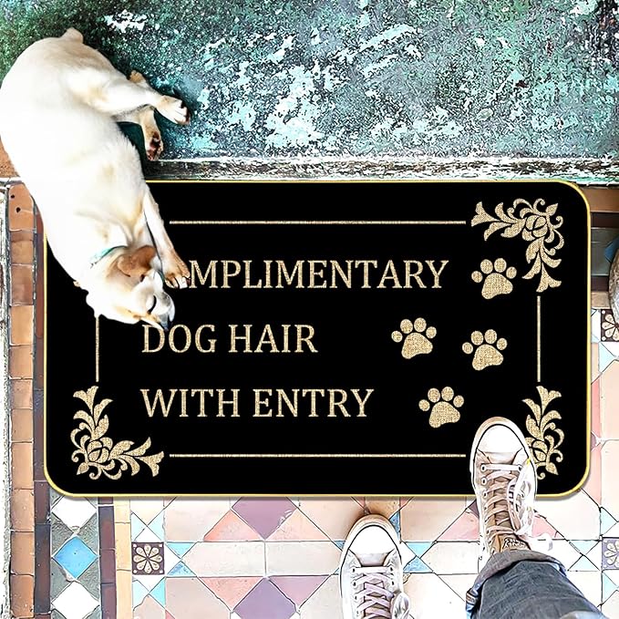 Funny Dog Welcome Mat “COMPLIMENTARY Dog Hair” Doormat with Paw Print Design, 17" x 29" Non-Slip Indoor Outdoor Entry Rug, Pet Lover Gift for Porch or Entryway