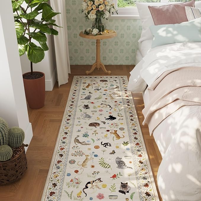 Rugcomf 2'7"x14' Long Hallway Runner Rug - Floral Cat Washable Non Slip Boho Carpet for Kitchen, Entryway, Hall, Bathroom - Beige