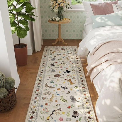 Rugcomf 2'7"x14' Long Hallway Runner Rug - Floral Cat Washable Non Slip Boho Carpet for Kitchen, Entryway, Hall, Bathroom - Beige