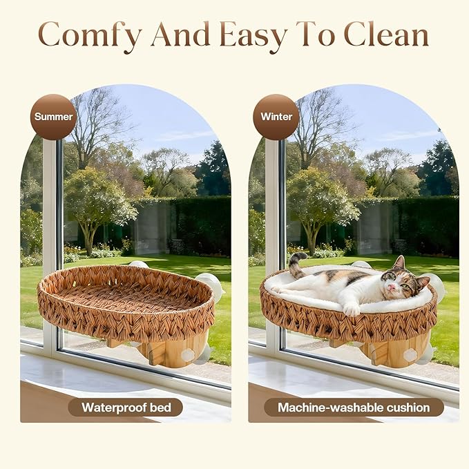 2-in-1 Cat Window Perch and Wall Shelves with Solid Wood, Wicker Window Perch for Cats Inside with 4 Upgraded Suction Cups, 16.1" Washable Cushion Cat Perches Bed for Sleeping and Watching Birds