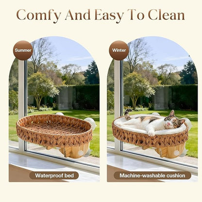 2-in-1 Cat Window Perch and Wall Shelves with Solid Wood, Wicker Window Perch for Cats Inside with 4 Upgraded Suction Cups, 16.1" Washable Cushion Cat Perches Bed for Sleeping and Watching Birds