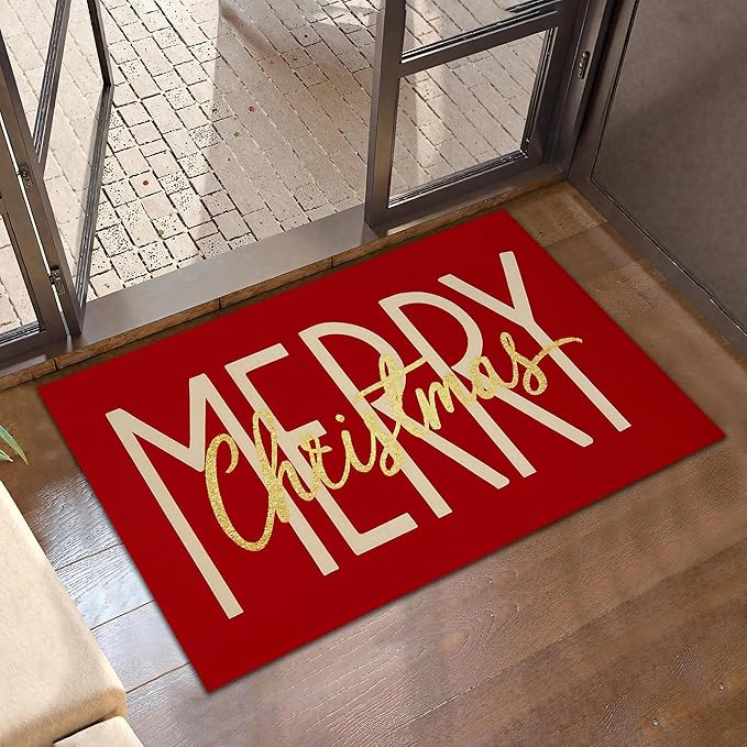 Merry Christmas Door Mats Indoor,Winter Holiday Red Front Door Mat Non-Slip Low Profile Welcome Mat for Outdoor Entrance Indoor Rug Mat Home Patio, Porch, Hallways Floor 30 x 17 Inch