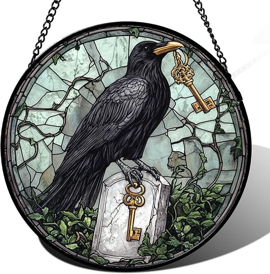 Stained Glass Window Hanging - Halloween Crow Holding A Key Suncatcher for Doors Garden Home Spooky Green Vines Sun Catchers Gothic Decor Horror Gift for Women Men Friend Boy Girl 6.3 in