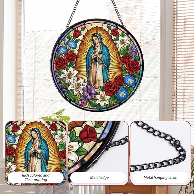 Stained Glass Window Hanging, Our Lady of Guadalupe Sun Catcher Gift, Religious Christian Gifts for Wall Art Landscape Hanging Home Decor 8 Inch