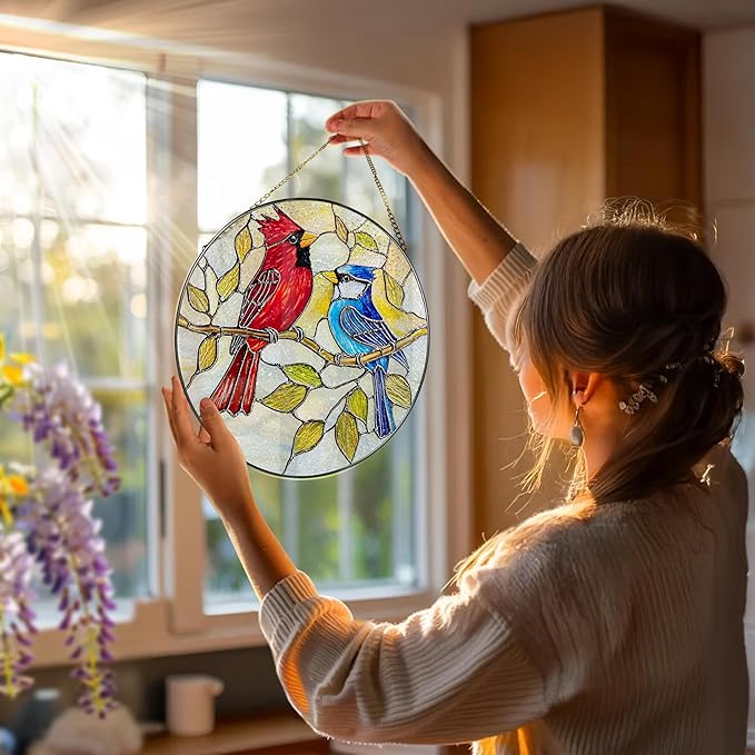 8″ Cardinal & Blue Jay Suncatcher, Stained Glass Window Hanging & Ornament, Window Decor, Holiday & Christmas Ornaments | Bird Lover Gifts, Gifts Exchange, Gift Ideas