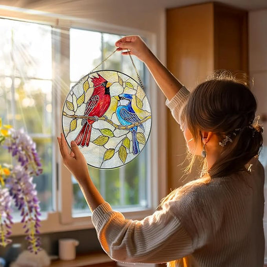 8″ Cardinal & Blue Jay Suncatcher, Stained Glass Window Hanging & Ornament, Window Decor, Holiday & Christmas Ornaments | Bird Lover Gifts, Gifts Exchange, Gift Ideas