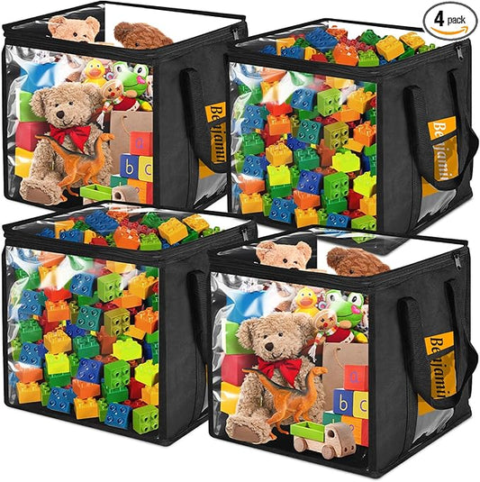 4 Pack Clear Toy Storage Bin with Lids - 12" x 12" Storage Cube Bin Foldable PVC Boxes with Handles, Storage Organizers for Toys, Clothes, Blocks, Stuffed Animal Storage(Black)