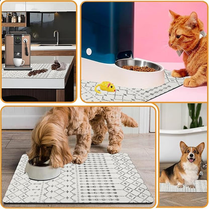 Dog Food Mats for Floors Absorbent, Cat Food Mat - Pet Cat Feeding Mat Quick Dry, Dog Bowl Mats for Water, Pet Supplies Feeding Placemat 16" x 24" White Boho