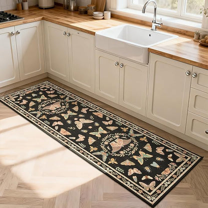 Unirea 2x6 Black Runner Rug, Washable Non Slip Insect Botanical Rug for Hallway, Kitchen, Bathroom, Laundry Room, Entryway, Bedroom, Soft Boho Door Mat Indoor Entrance Bug Rugs, Low Pile Carpet