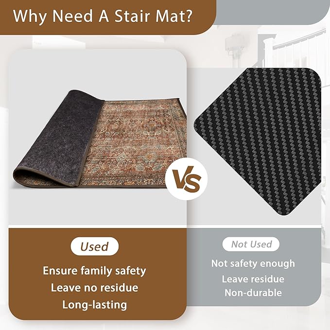 Carpet Stair Treads Non Slip 1PCS, 30" X 30"Edging Stair Runner for Wooden Steps Indoor, Resistant Stair Rugs with Reusable TPE Adhesive Backing, Residue Free Mat for Kids,Pets,Rust & Brown